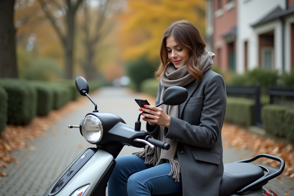 Jeune femme assise sur un scooter vérifiant son smartphone dans une rue calme