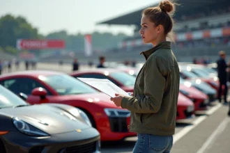 Jeune femme regardant un graphique de prix voitures sport