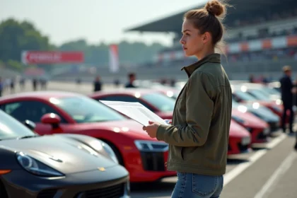 Jeune femme regardant un graphique de prix voitures sport