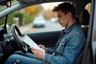 Jeune homme dans sa voiture examine documents d'assurance