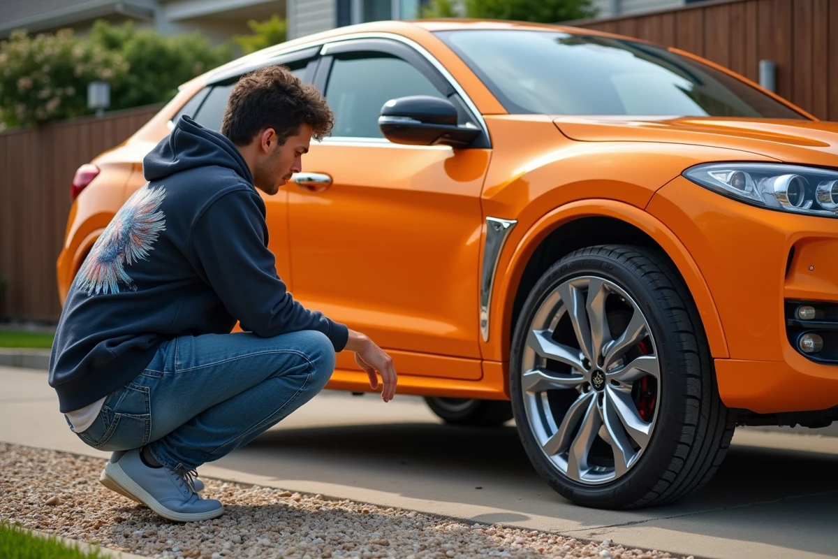 Jeune homme ajustant ses jantes sur une voiture Aztek orange