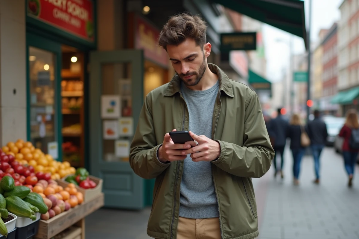 Jeune homme dehors comparant les prix avec son smartphone