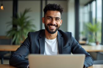 Jeune homme nord-africain en coworking souriant