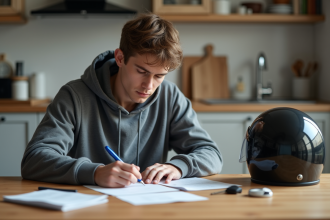 Jeune homme remplissant documents d'assurance scooter 50cc