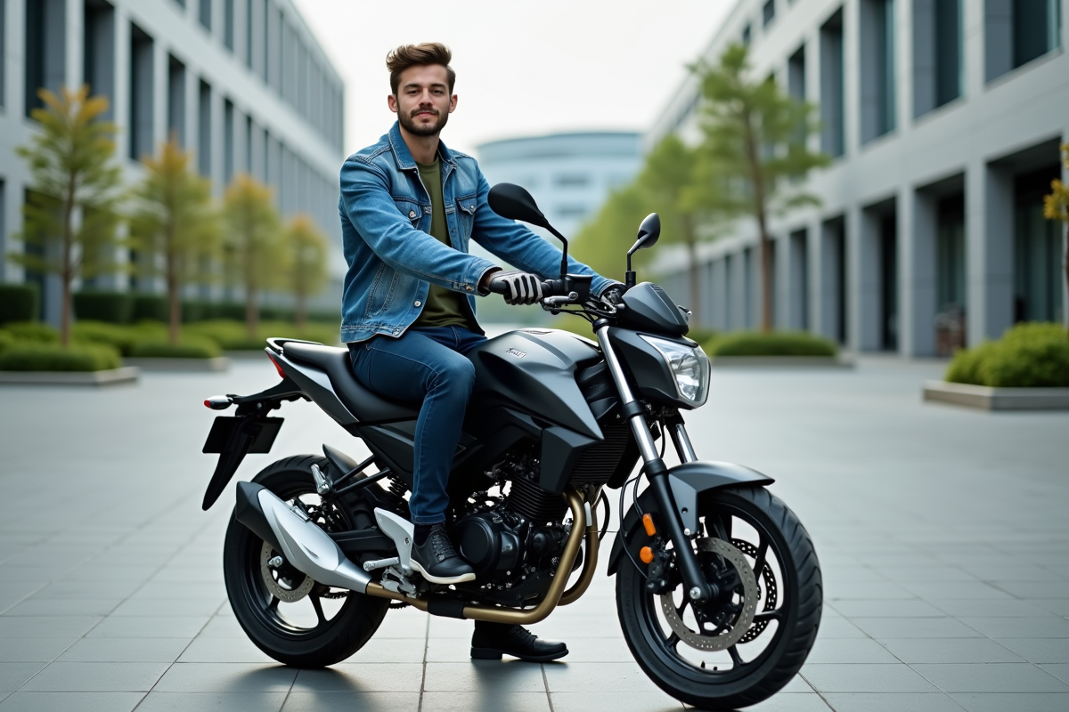 Jeune homme en denim sur une moto 125cc en ville