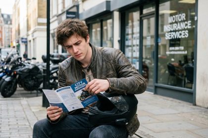 Jeune homme en moto jacket assis pensif sur un banc
