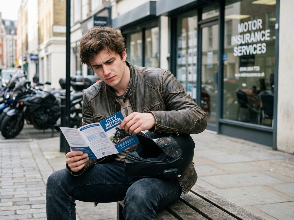Jeune homme en moto jacket assis pensif sur un banc