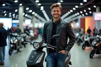 Jeune homme souriant avec scooter électrique en expo moto