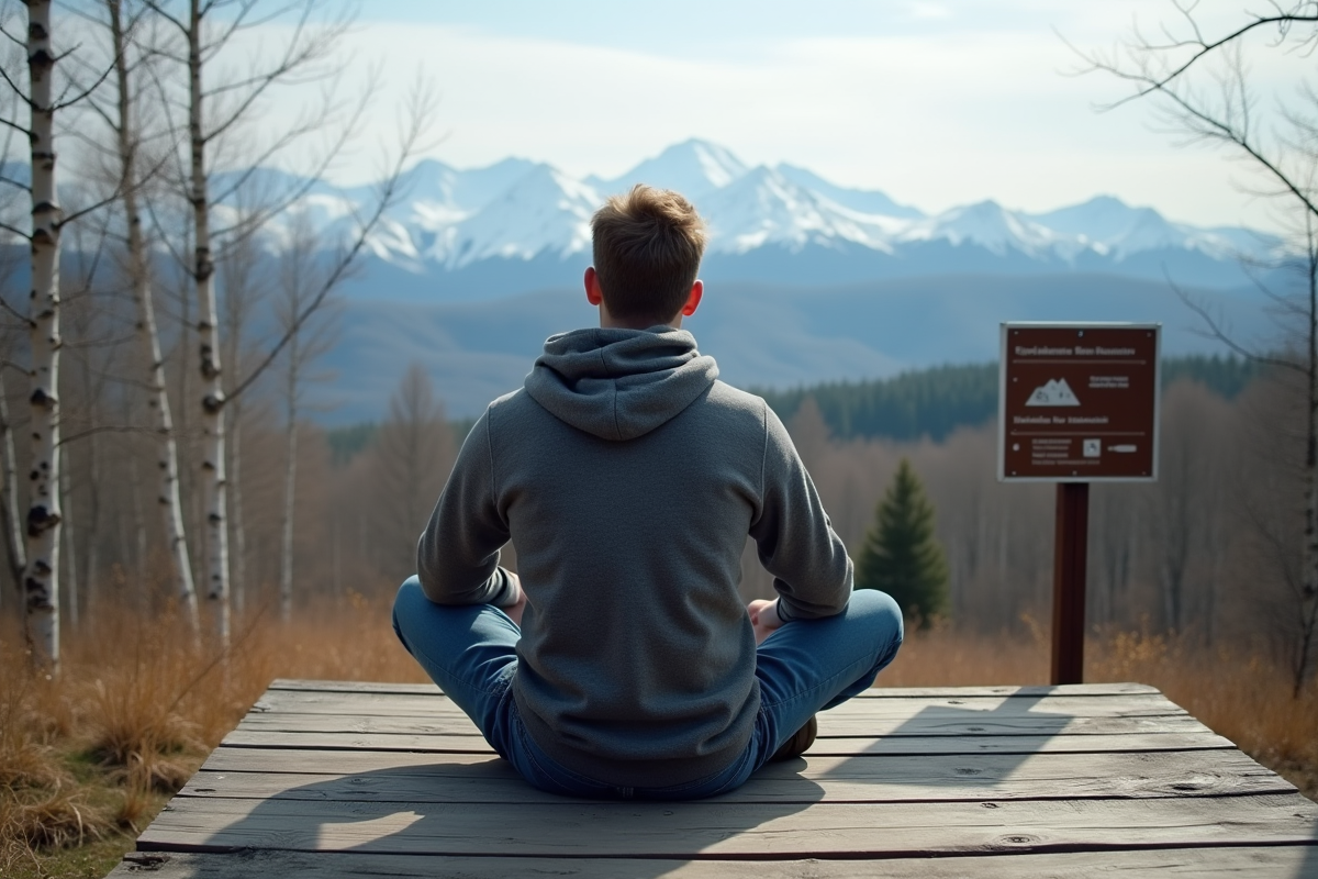 Jeune homme regardant panneau d