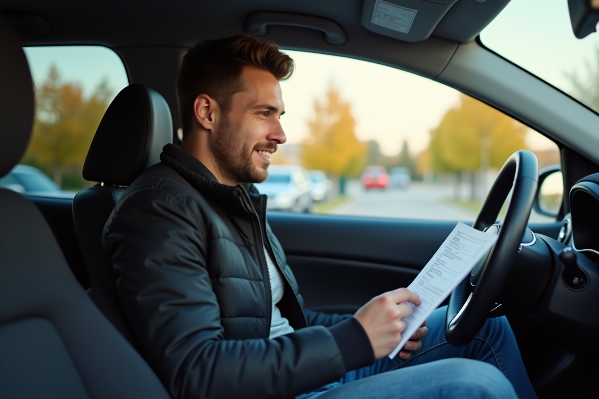 Jeune homme dans sa voiture avec permis en main