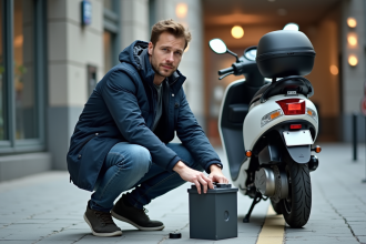 Jeune homme rechargeant la batterie d'un scooter en ville