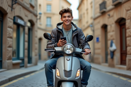 Jeune garçon français sur scooter en rue de village