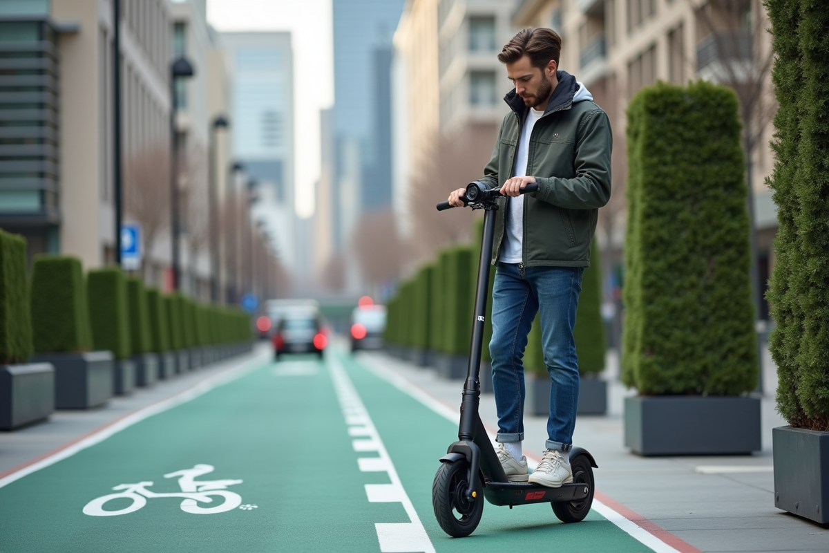 Jeune homme vérifiant son scooter électrique en ville