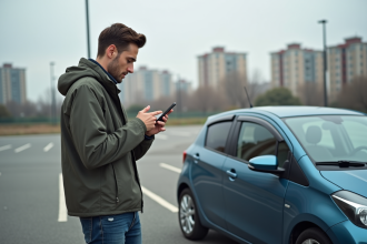 Jeune homme avec voiture en ville utilisant une application