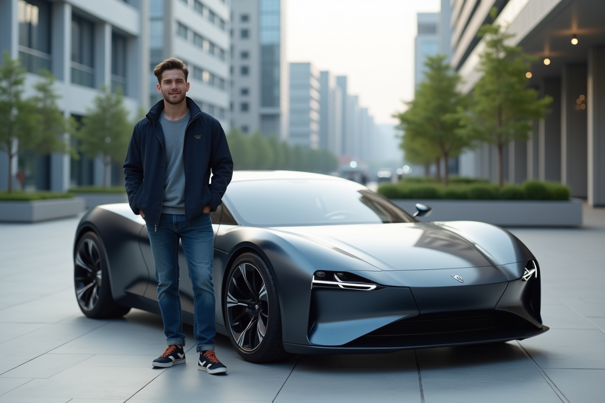 Jeune homme devant une voiture sportive moderne à l'expo auto