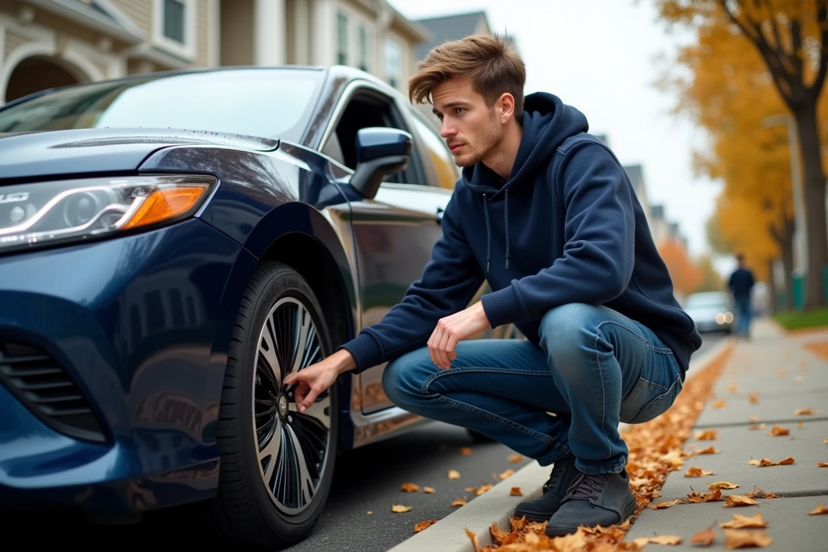 Jeune homme examine une roue de voiture endommagée