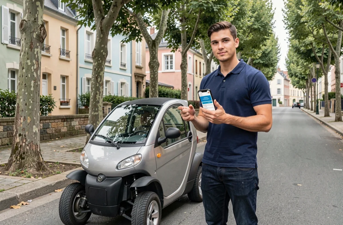 Jeune homme comparant des assurances pour voiture sans permis sur smartphone