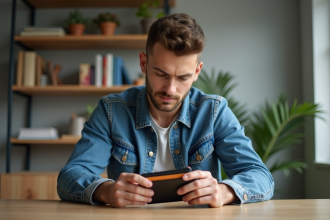 Jeune homme vérifiant sa carte dans son portefeuille à son bureau