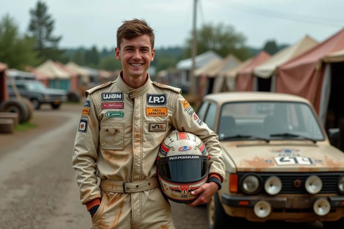 Jeune homme en tenue de rallye avec voiture de course