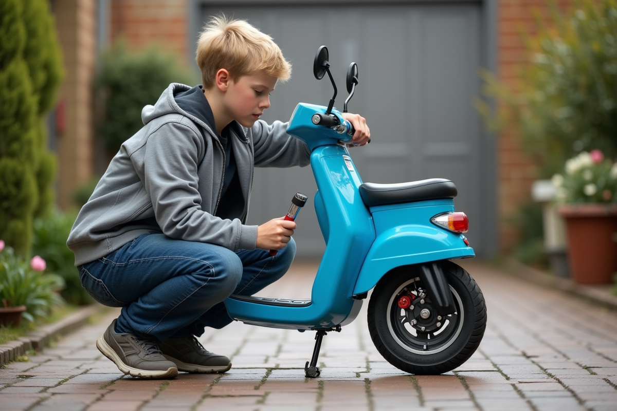 Jeune garçon répare un scooter bleu dans le jardin