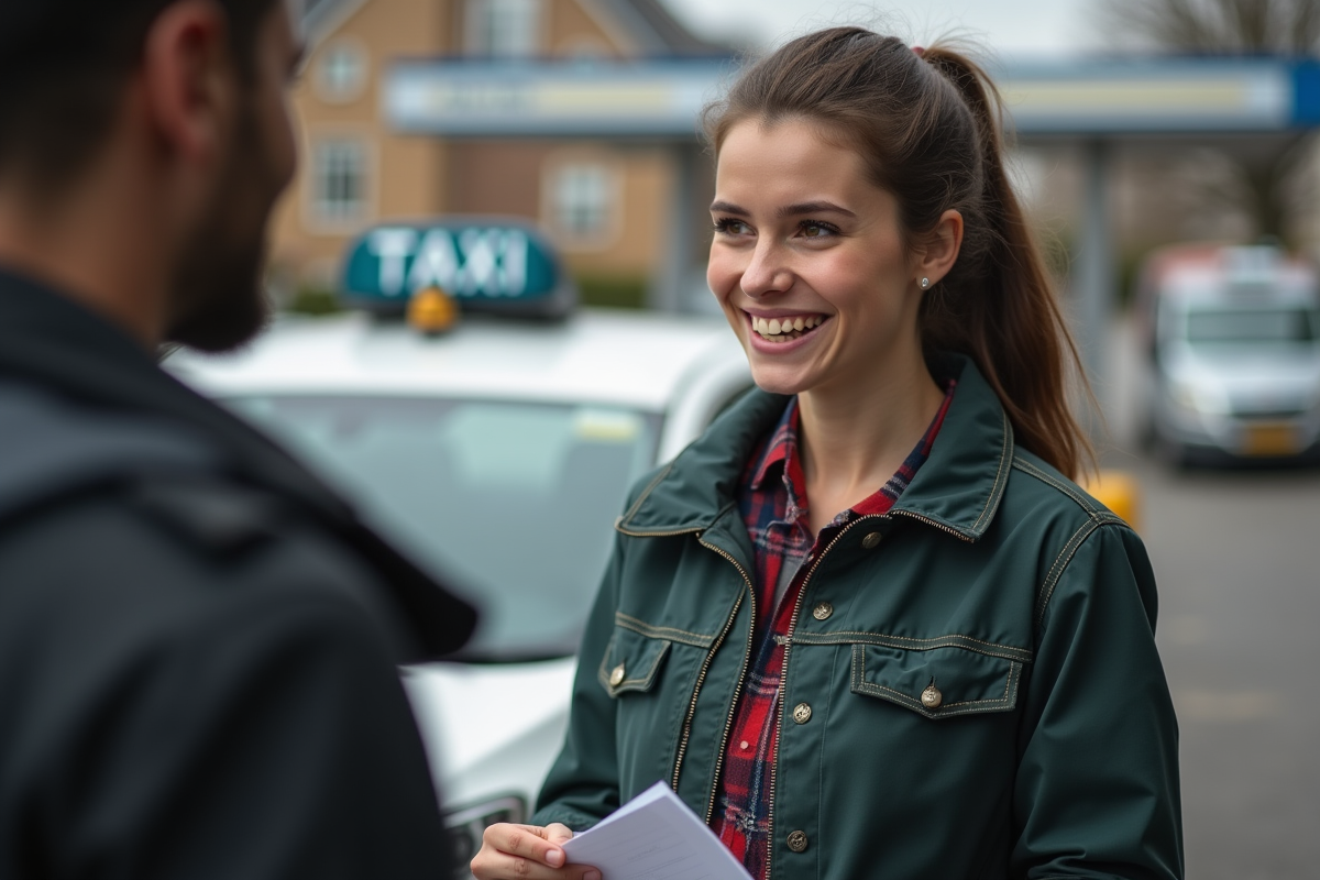 Jeune conductrice de taxi discutant avec un client à côté de son taxi