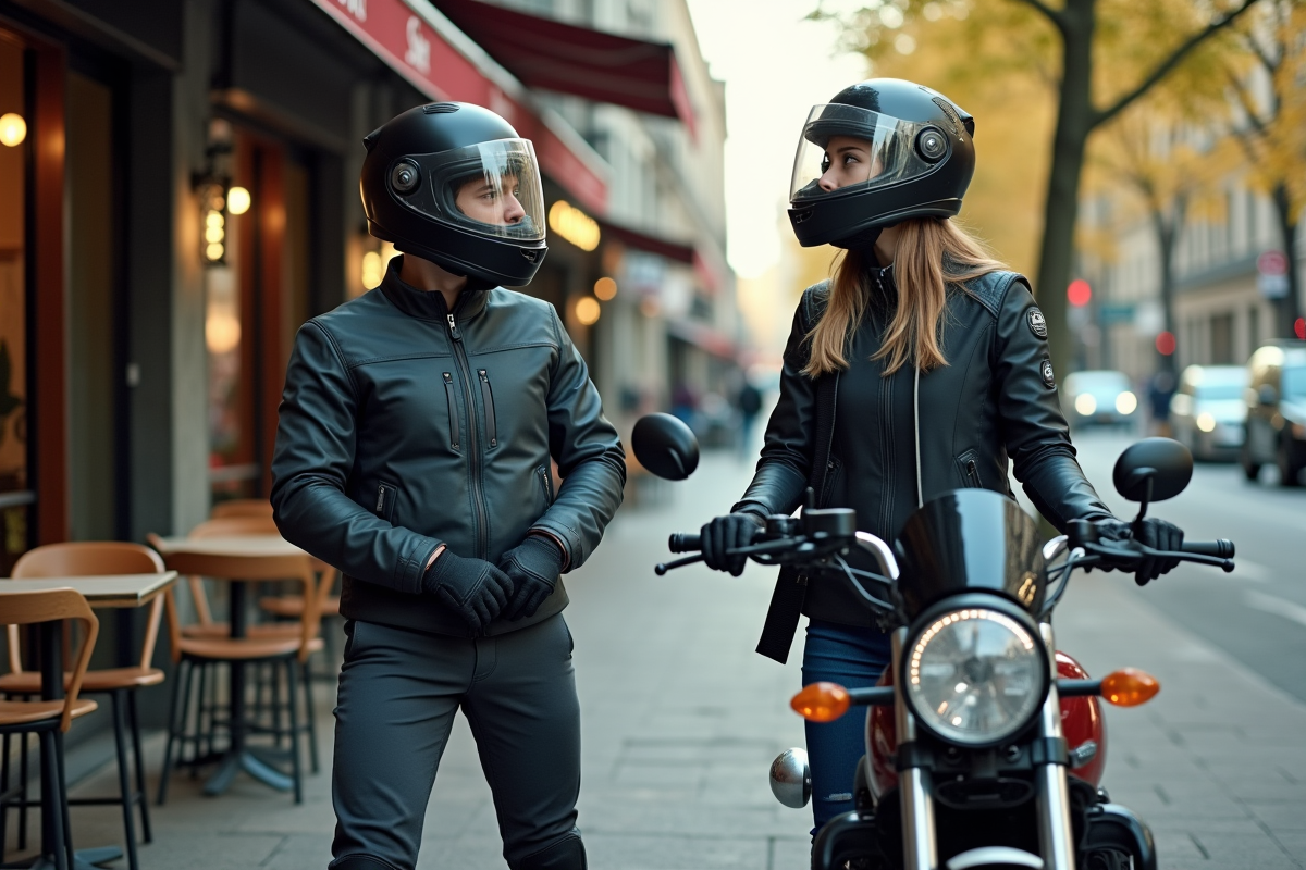 Jeunes motards préparant leur moto devant un café en ville