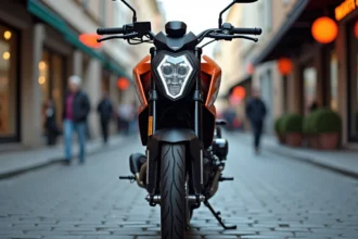 KTM Duke 125 2026 garée en milieu urbain, vue trois quarts avant mettant en valeur le phare LED et le cadre orange emblématique