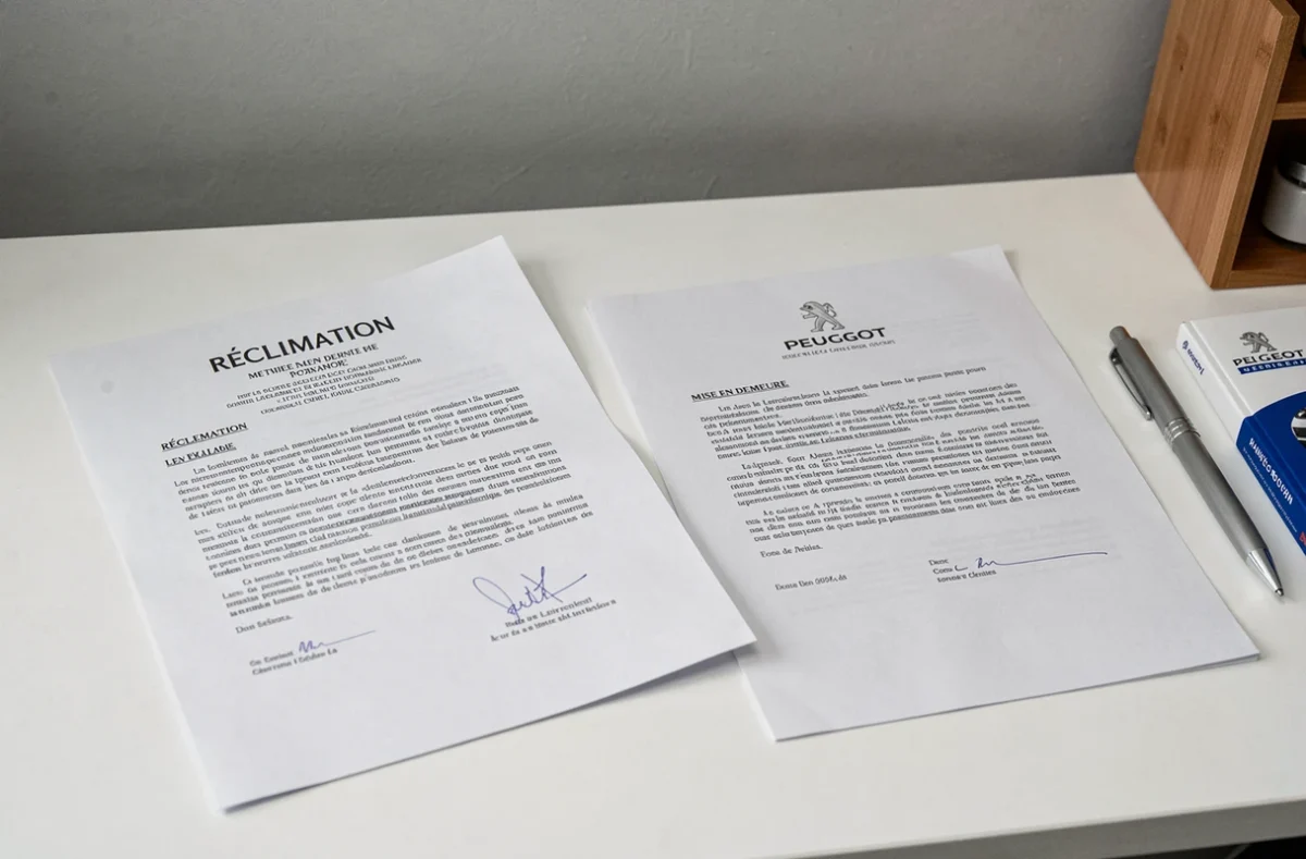 Lettres types de réclamation et mise en demeure contre Peugeot posées sur un bureau avec un stylo et un carnet d'entretien