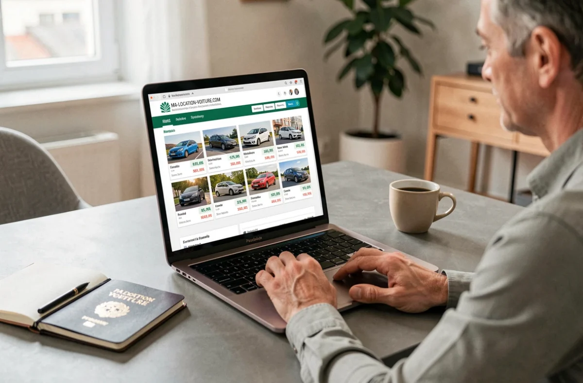 Personne comparant des offres de location de voitures sur le site ma-location-voiture.com depuis son bureau à domicile