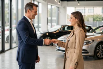 Mandataire automobile prestige remettant les clés d'un véhicule de luxe à une cliente satisfaite dans un showroom moderne