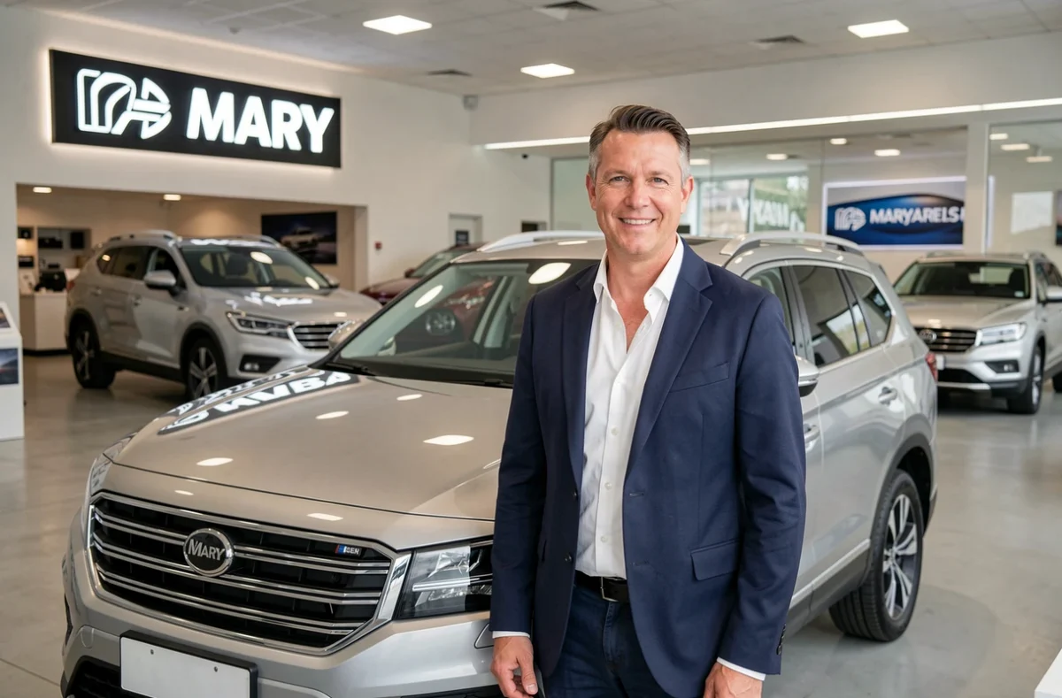 Conseiller commercial de Mary Automobiles Caen présentant un SUV dans le showroom de la concession