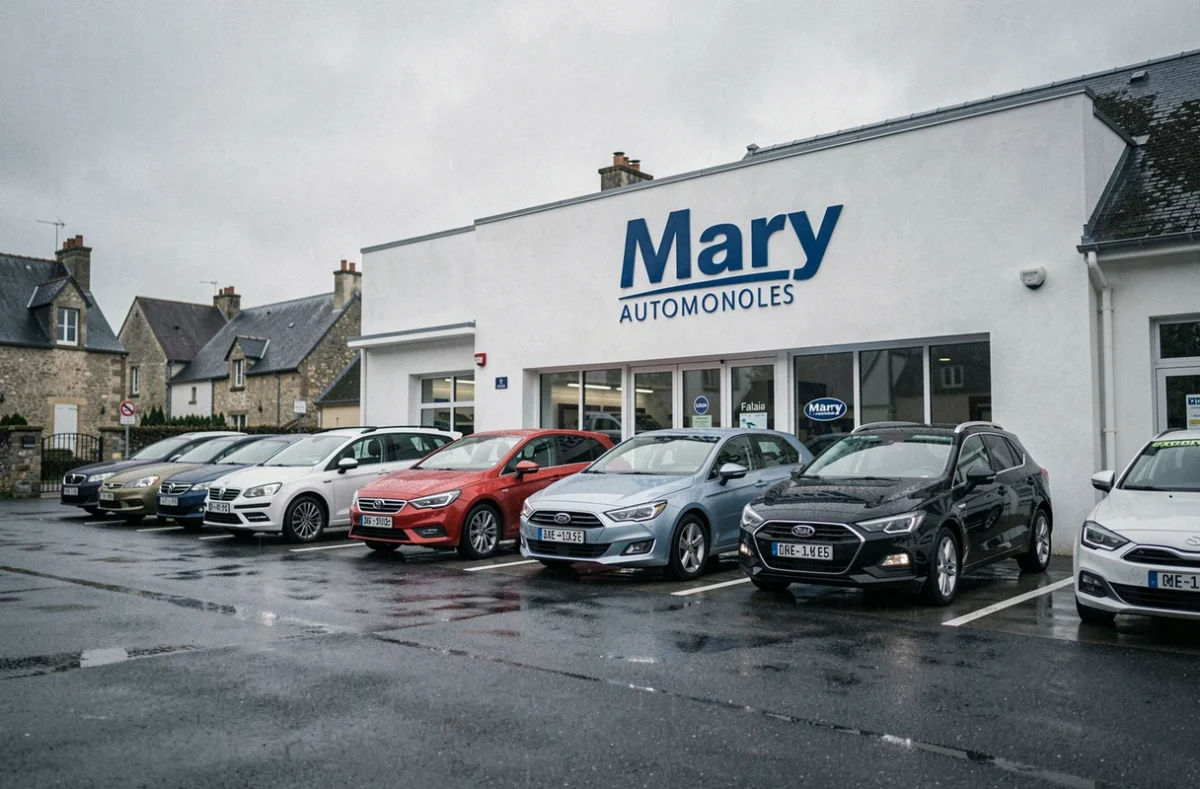 Extérieur de la concession Mary Automobiles Falaise avec des véhicules exposés devant la façade de l'établissement