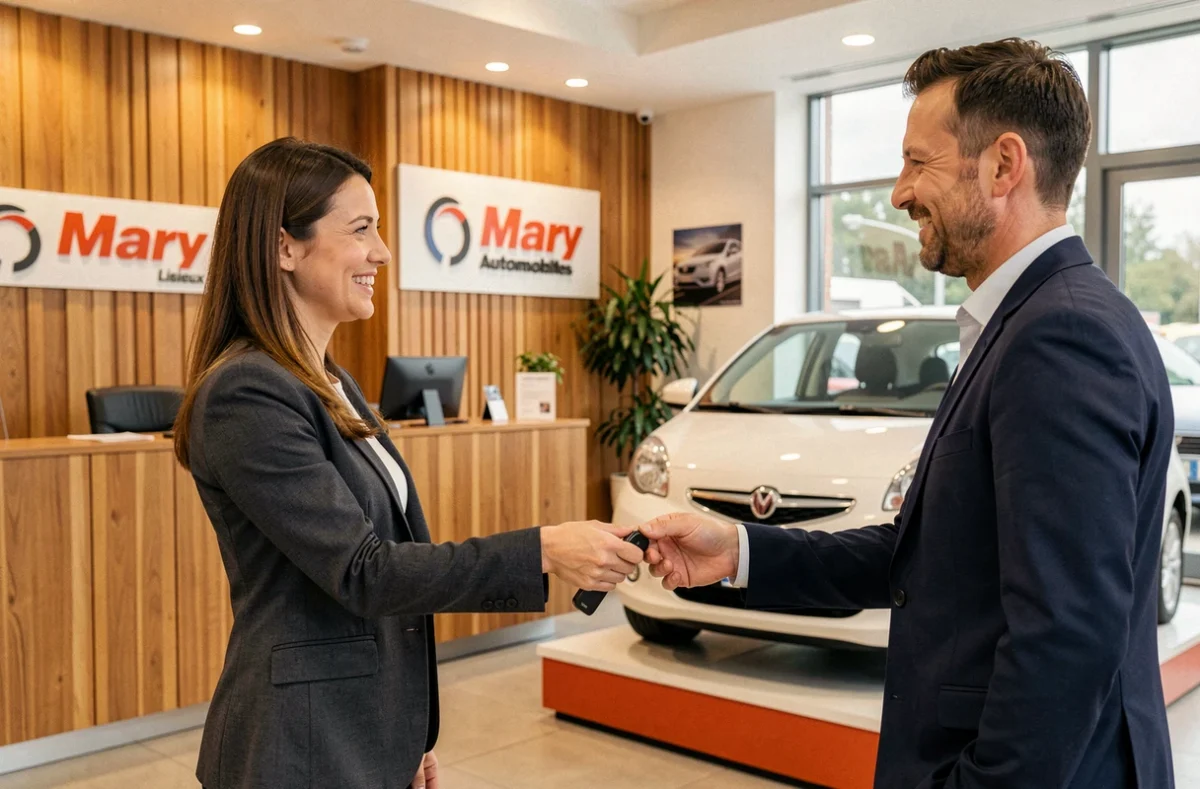 Conseillère commerciale de Mary Automobiles Lisieux remettant les clés d'un véhicule à un client satisfait
