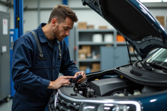 Mécanicien homme examinant un moteur Citroen dans son atelier