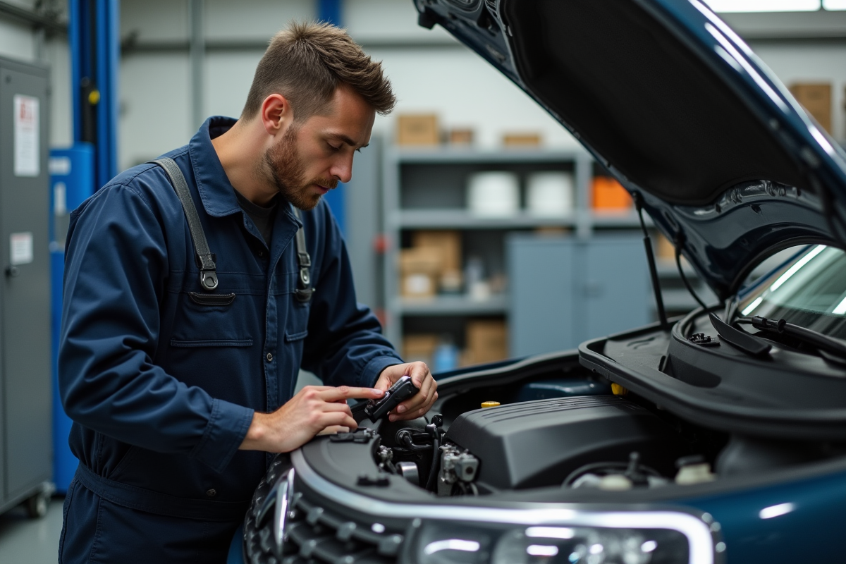 Mécanicien homme examinant un moteur Citroen dans son atelier