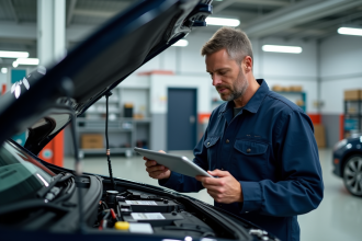 Mécanicien en tenue examine la batterie d'une voiture électrique