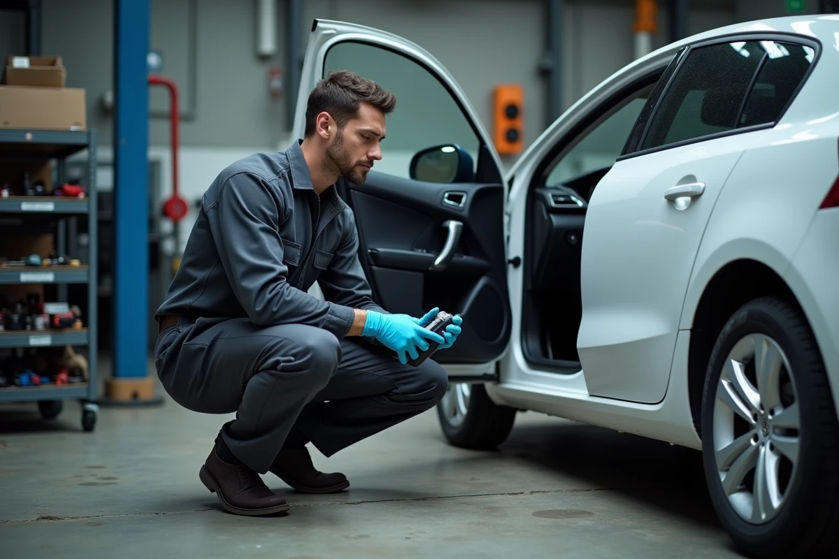 Mécanicien diagnostiquant un voyant orange sur une Peugeot 308 avec un scanner OBD dans un garage