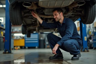 Mécanicien examinant le filtre à particules sous un véhicule diesel dans un garage indépendant