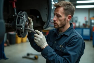 Mécanicien inspectant une durite Avia en acier tressé sur un étrier de frein dans un atelier automobile professionnel