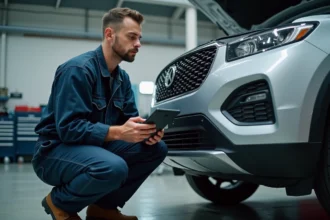 Mécanicien inspectant le moteur d'un SUV familial dans un atelier automobile moderne