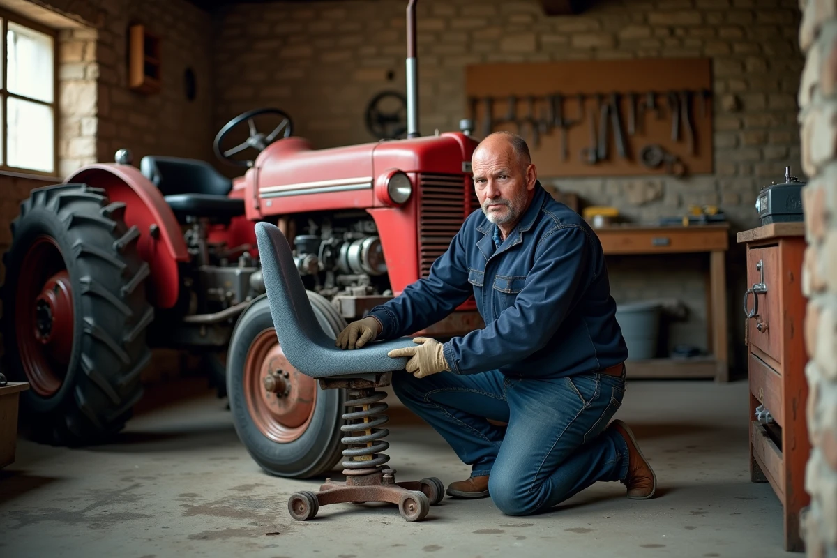 Mécanicien agricole installant un nouveau siège de tracteur dans un atelier de ferme traditionnel
