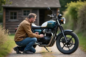 Homme moyenâgeux inspectant une moto tout-terrain en campagne