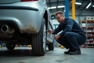 Mécanicien inspectant le système d'échappement d'une Peugeot 207 dans un garage professionnel
