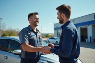 Mecanicien souriant remettant les clés à un client heureux devant un centre auto
