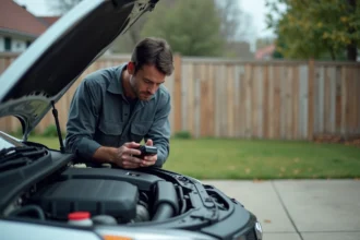 Mécanicien tenant un scanner OBD-II penché sur le moteur d'une berline argentée dans une allée résidentielle, analysant une panne intermittente de voyant