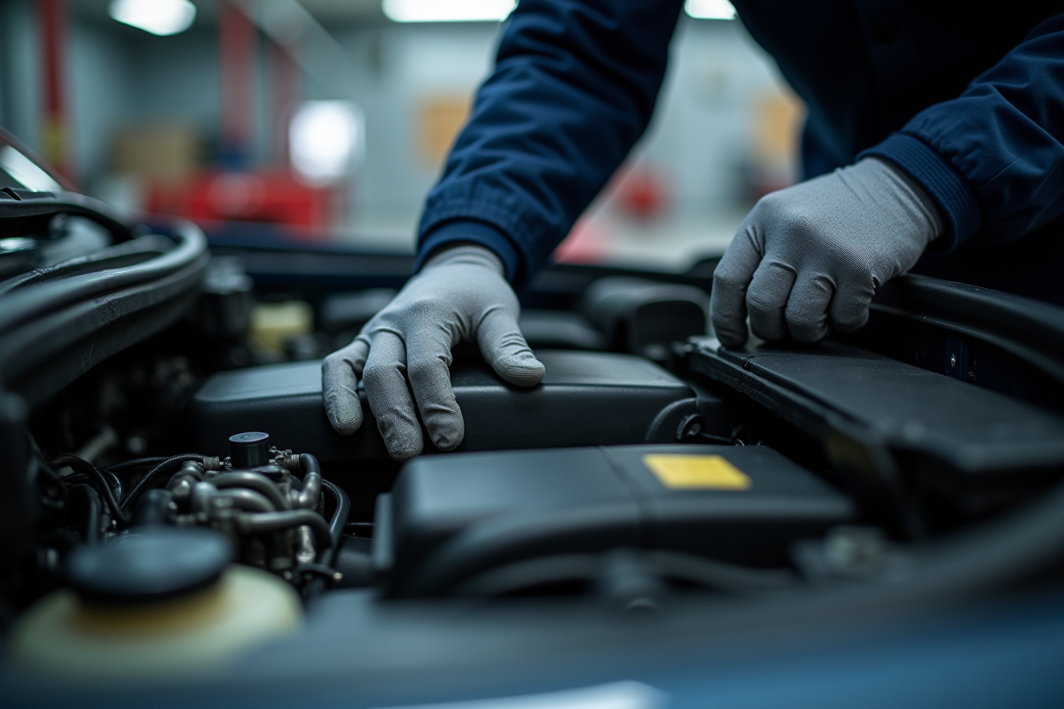 Mecanicien inspectant le moteur de la Peugeot 408 dans un garage