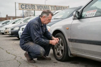 Mécanicien inspectant une voiture d'occasion à kilométrage élevé dans un lot de véhicules d'occasion