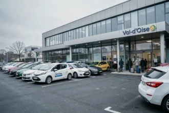 Vue panoramique d'un parking de location de voitures dans le Val-d'Oise avec plusieurs véhicules alignés devant une agence moderne