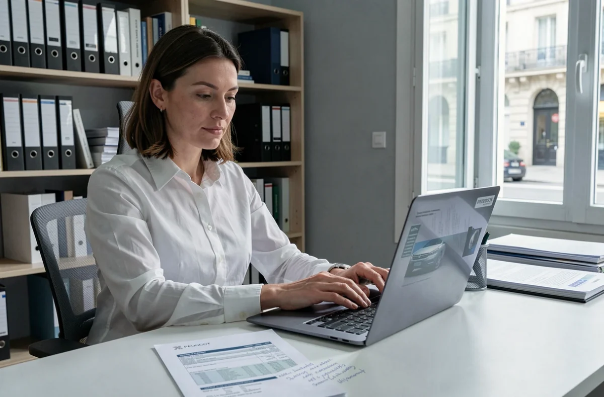 Femme rédigeant une mise en demeure contre le SAV Peugeot sur ordinateur portable dans un bureau à domicile
