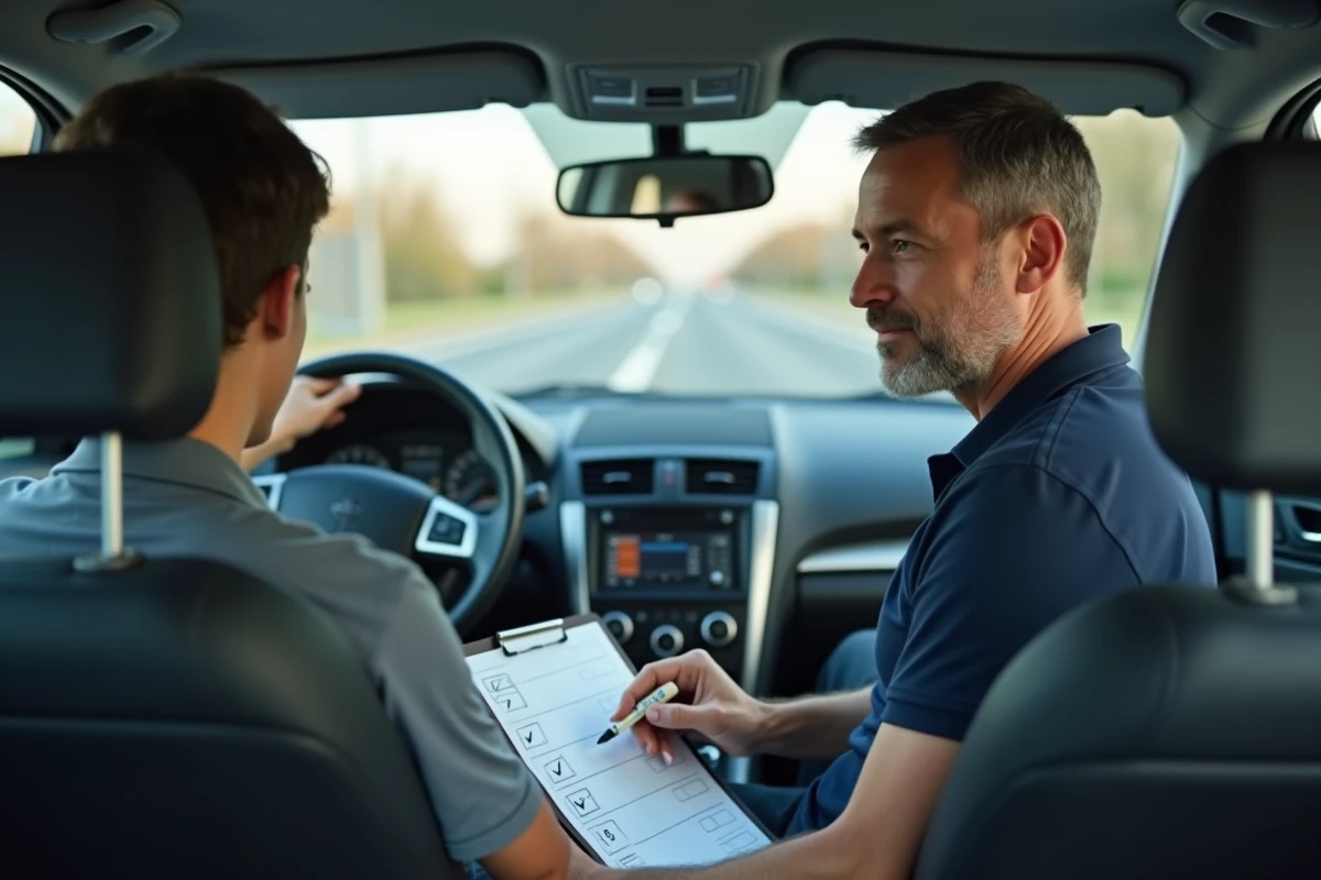 Moniteur d'auto-école complétant une grille d'évaluation officielle du permis de conduire en voiture à double commande